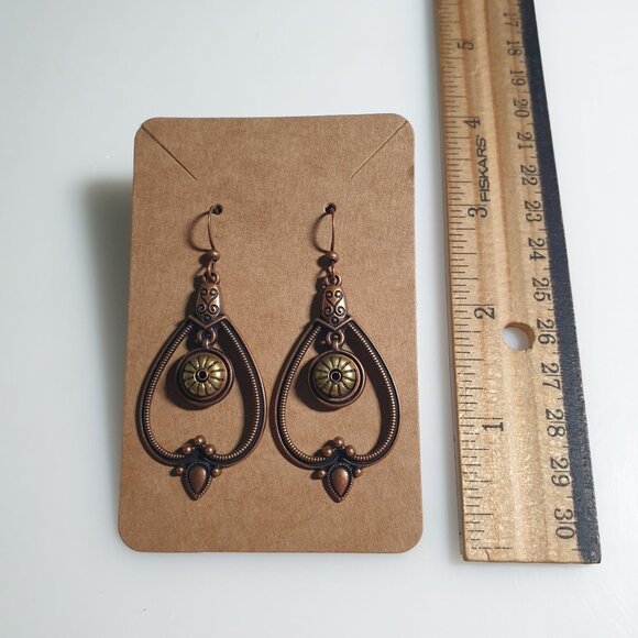 Copper Tone Teardrop Earrings Bohemian Style Brass Ornament Hooks Beach Core - Picture 3 of 4
